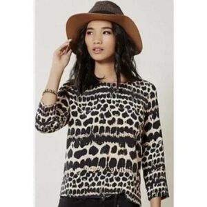 Maeve Anthropologie 100% Silk Linosa Leopard Print 3/4 Sleeve Zip Back Blouse S